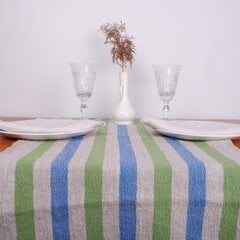 Lininis stalo takelis, 40x100 cm, žaliomis ir mėlynomis juostomis. kaina ir informacija | Staltiesės, servetėlės | pigu.lt