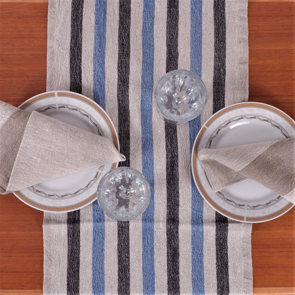 Lininis stalo takelis, juodomis ir mėlynomis juostomis,40x150 cm. kaina ir informacija | Staltiesės, servetėlės | pigu.lt