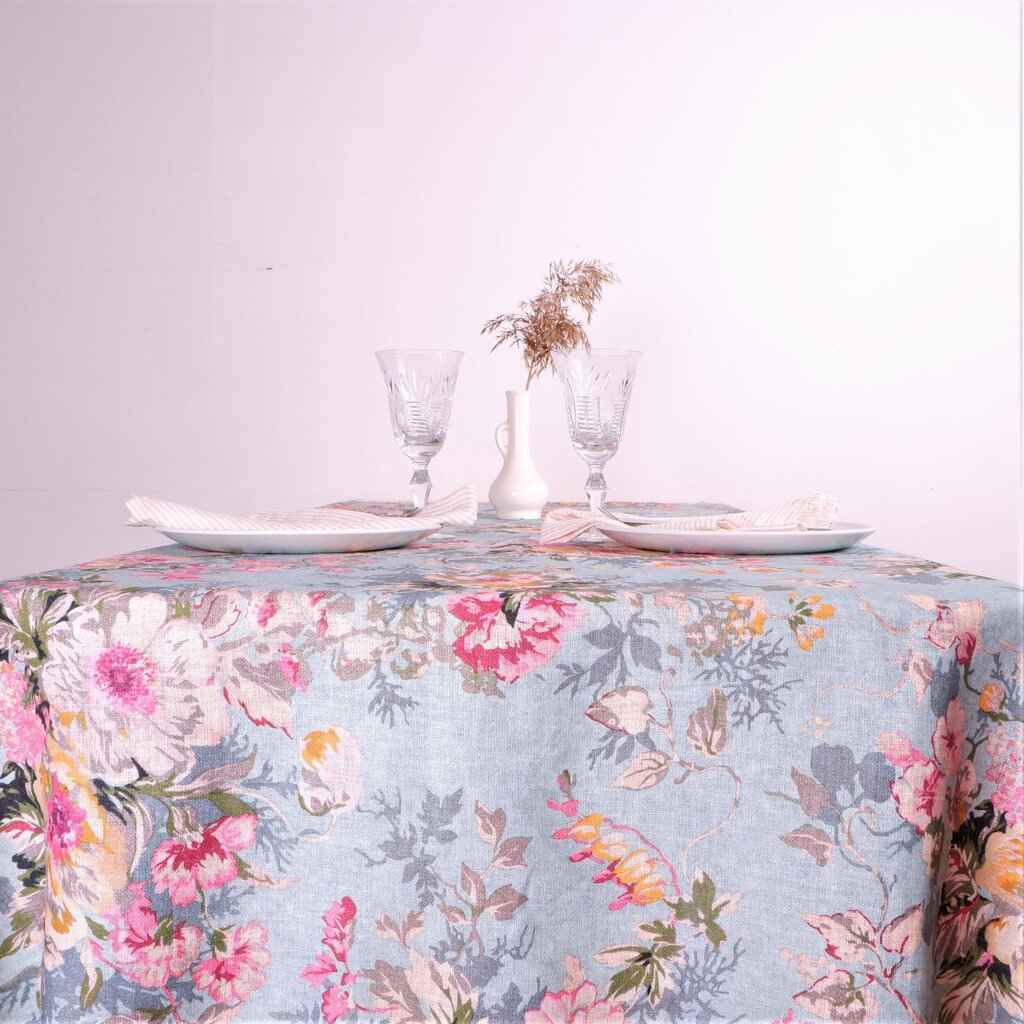 Lininė gėlėta, melsva staltiesė, 148x148 cm kaina ir informacija | Staltiesės, servetėlės | pigu.lt