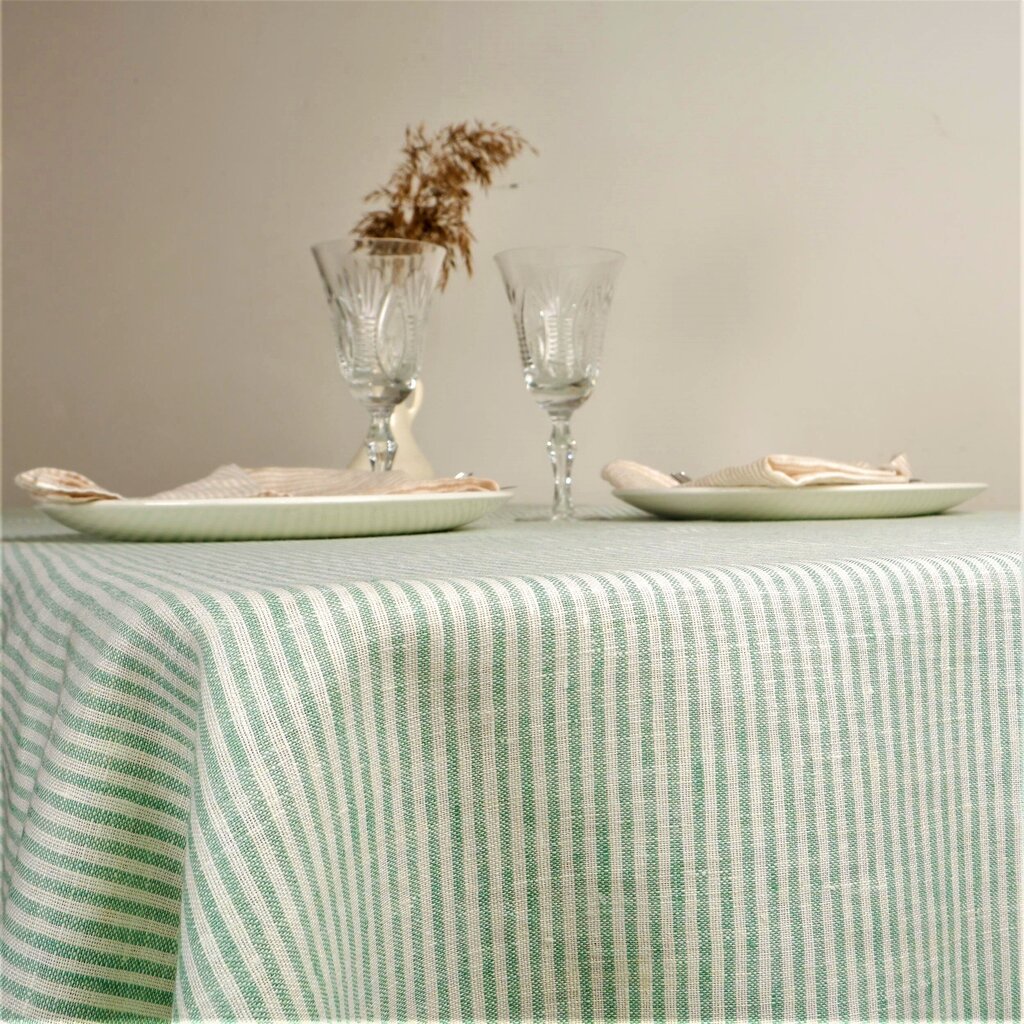 Balta lininė staltiesė, žaliai dryžuota, 148x200 cm. kaina ir informacija | Staltiesės, servetėlės | pigu.lt