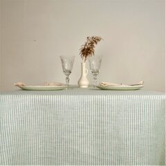 Balta lininė staltiesė, žaliai dryžuota, 148x250 cm. цена и информация | Скатерти, салфетки | pigu.lt