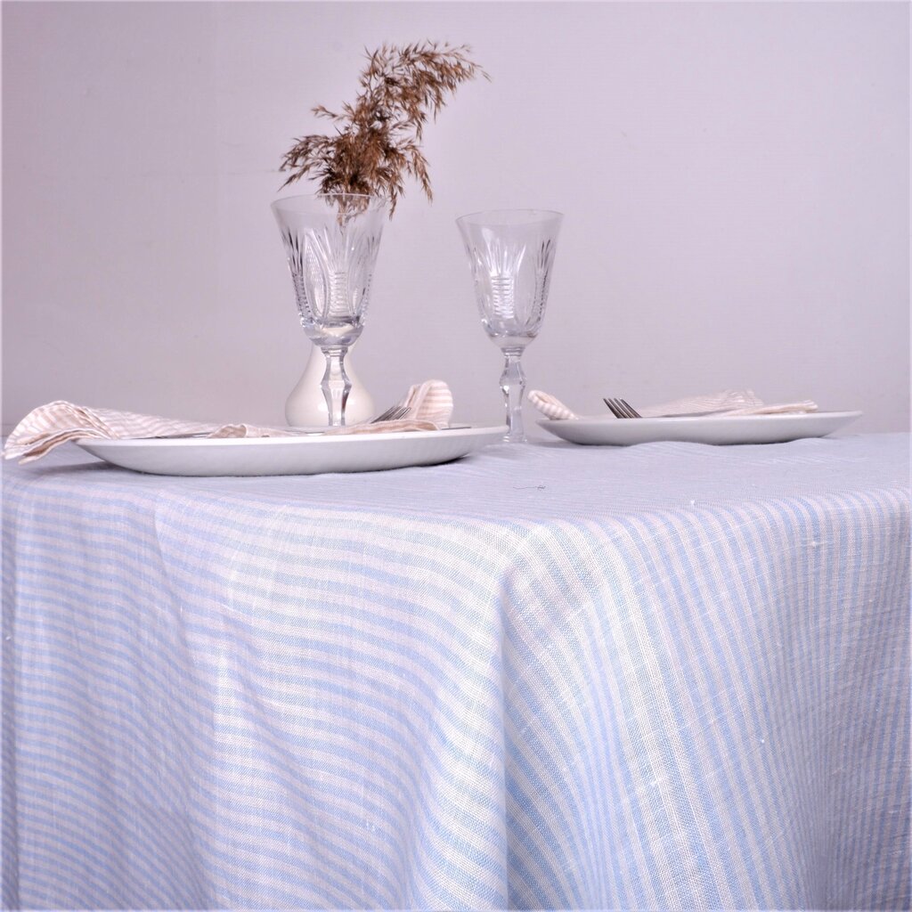Lininė balta staltiesė, melsvai dryžuota, 148x320 cm. kaina ir informacija | Staltiesės, servetėlės | pigu.lt