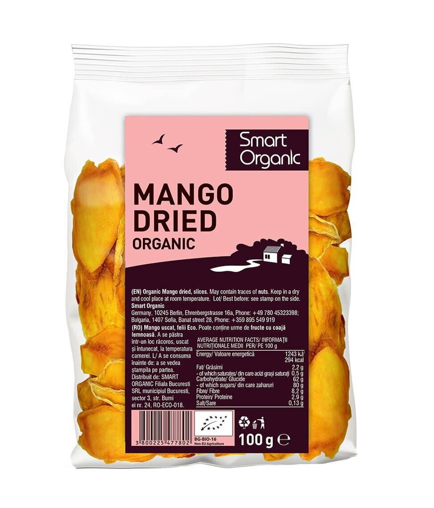 Džiovintos mangų juostelės Smart Organic, 100 g kaina ir informacija | Riešutai, sėklos, džiovinti vaisiai | pigu.lt