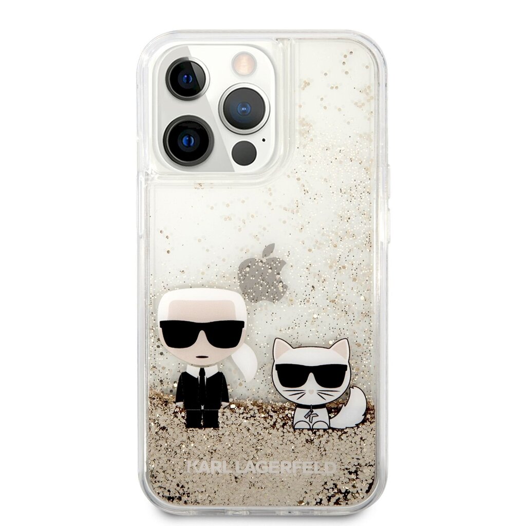 Karl Lagerfeld Liquid Glitter Karl and Choupette Case, skirtas iPhone 13 Pro Max, auksinis kaina ir informacija | Telefono dėklai | pigu.lt