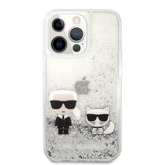 Karl Lagerfeld Liquid Glitter Karl and Choupette Case, skirtas iPhone 13 Pro, sidabrinis kaina ir informacija | Telefono dėklai | pigu.lt