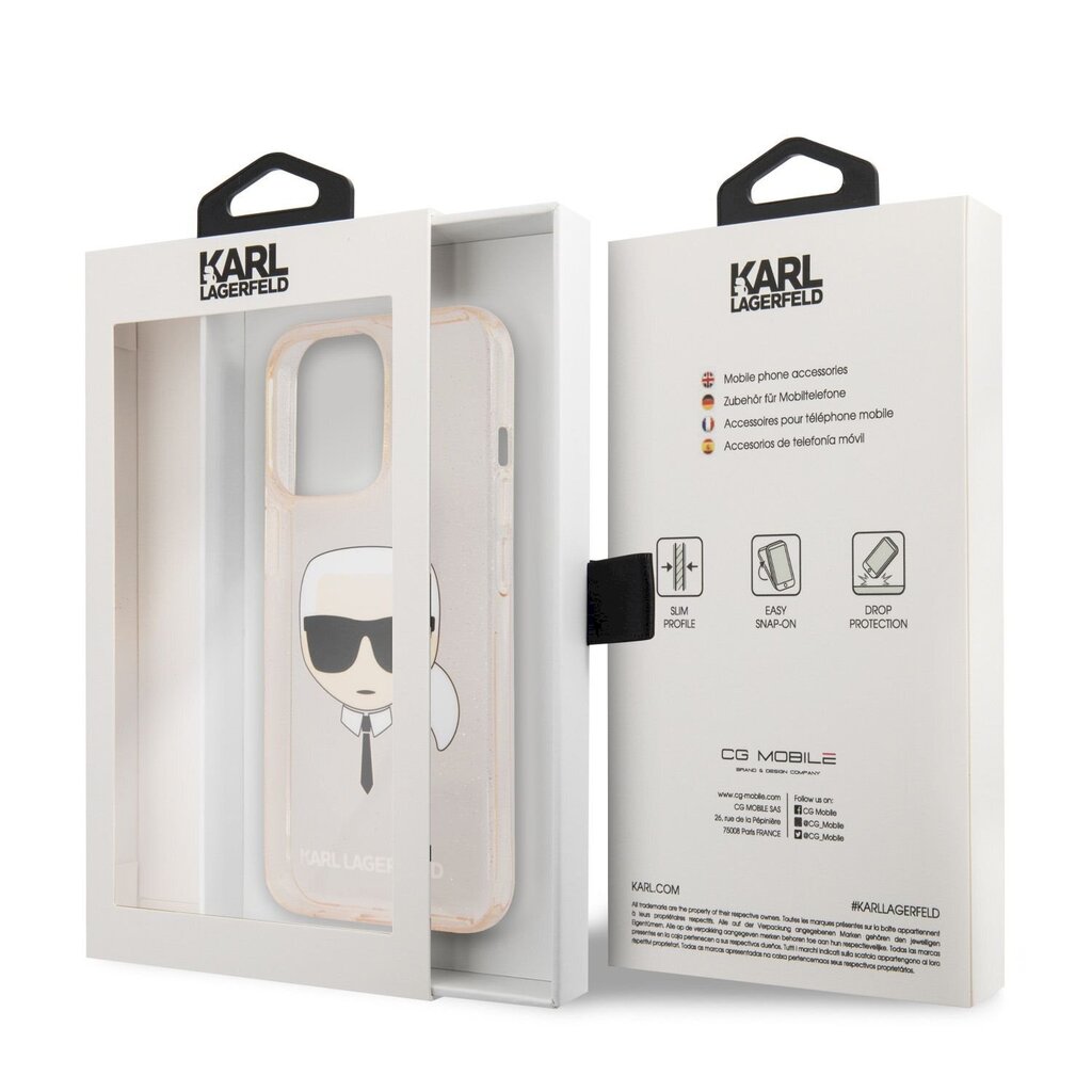 Karl Lagerfeld TPU Full Glitter Karl Head Case, skirtas iPhone 13 Pro Max, auksinis цена и информация | Telefono dėklai | pigu.lt