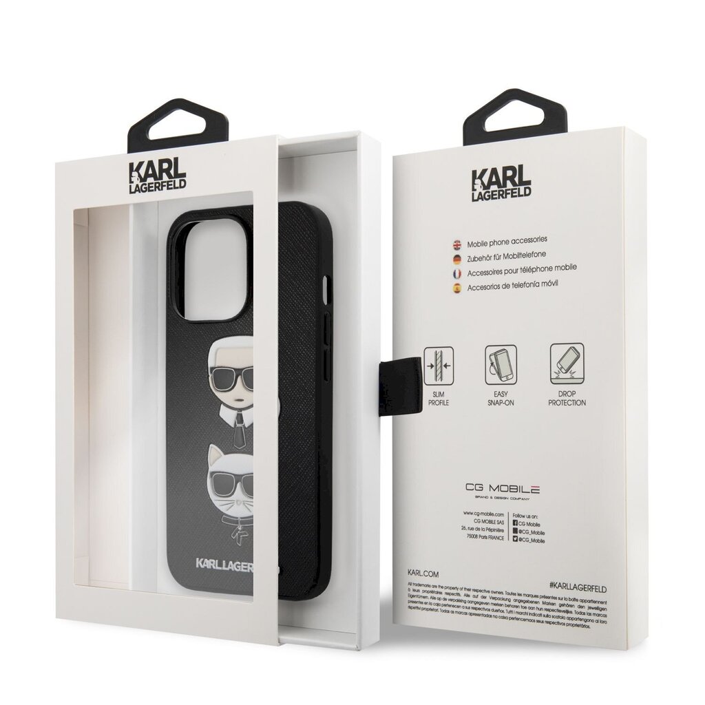 Karl Lagerfeld PU Saffiano Karl and Choupette Heads Case, skirtas iPhone 13 Pro Max, juodas kaina ir informacija | Telefono dėklai | pigu.lt