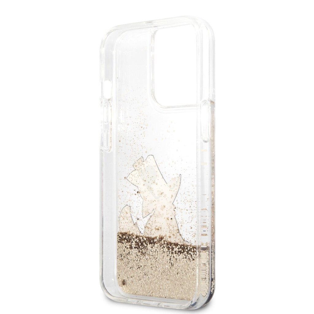 Karl Lagerfeld Liquid Glitter Choupette Eat Case, skirtas iPhone 13 Pro Max, auksinis kaina ir informacija | Telefono dėklai | pigu.lt