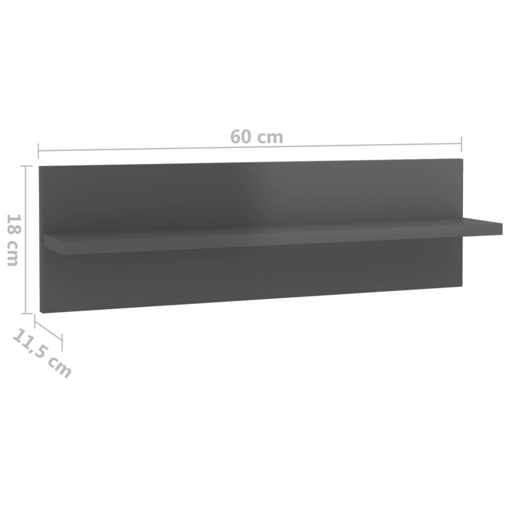 vidaXL Sieninės lentynos, 2vnt., pilkos, 60x11,5x18cm, MDP, blizgios kaina ir informacija | Lentynos | pigu.lt