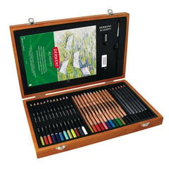 Набор для творчества в деревянной коробке Derwent Academy 30шт: 12 цветных/12 акварельных/6 эскизных карандашей + ластик, блок A5 + кисть цена и информация | Принадлежности для рисования, лепки | pigu.lt