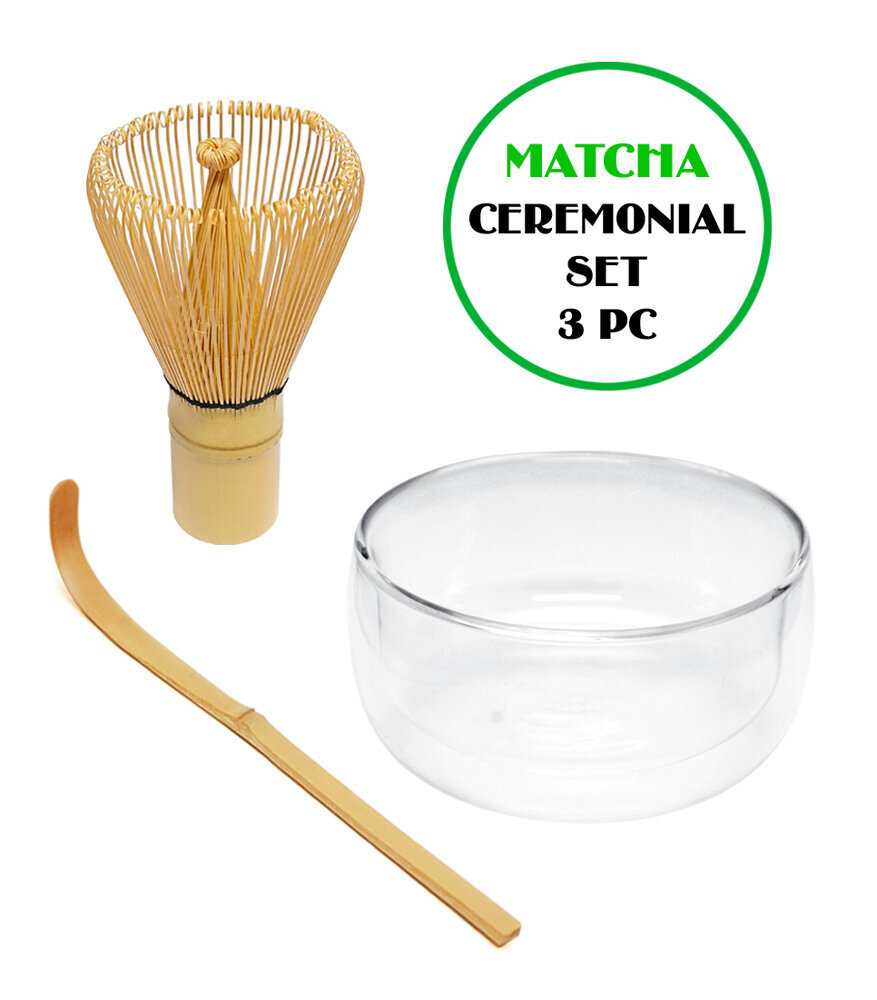 MATCHA RINKINYS KM3PC. Matcha stiklinis dubuo + Whisks (Bambukinė šluotelė) + Spoon (šaukštelis). kaina ir informacija | Virtuvės įrankiai | pigu.lt