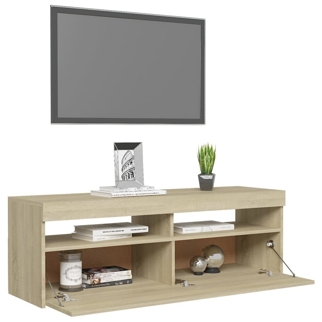 Televizoriaus spintelė su LED apšvietimu, 120x35x40 cm, ruda kaina ir informacija | TV staliukai | pigu.lt