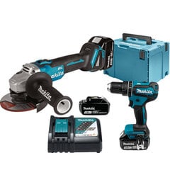 Combokit DLX2334J Аккумуляторный ударный шуруповерт Makita DHP485Z и угловая шлифовальная машина DGA504Z, 18 В, 3 x 3 Ач, зарядное устройство + сумка для переноски цена и информация | Шуруповерты, дрели | pigu.lt