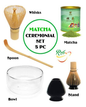 MATCHA RINKINYS - Matcha 80g + Whisks (Bambukinė šluotelė) + Spoon (šaukštelis) + Stand (šluotos laikiklis) + bowl (dvigubas stiklinis dubuo). kaina ir informacija | Arbata | pigu.lt