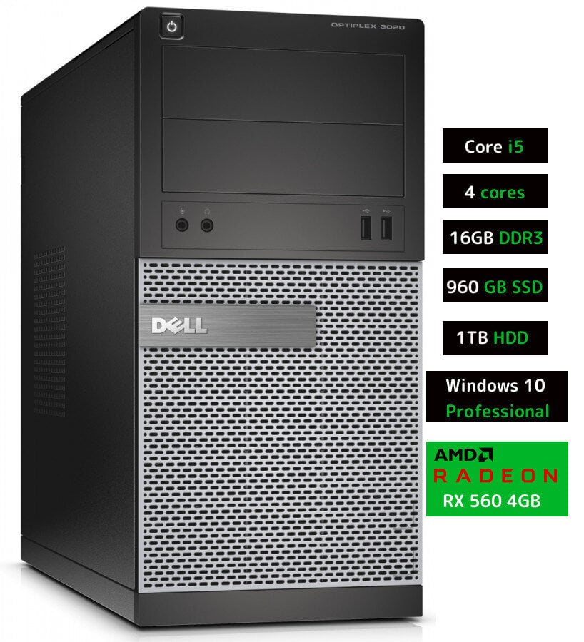 Dell 3020 MT i5-4570 16GB 960GB SSD 1TB HDD RX560 4GB Windows 10 Professional kaina ir informacija | Stacionarūs kompiuteriai | pigu.lt
