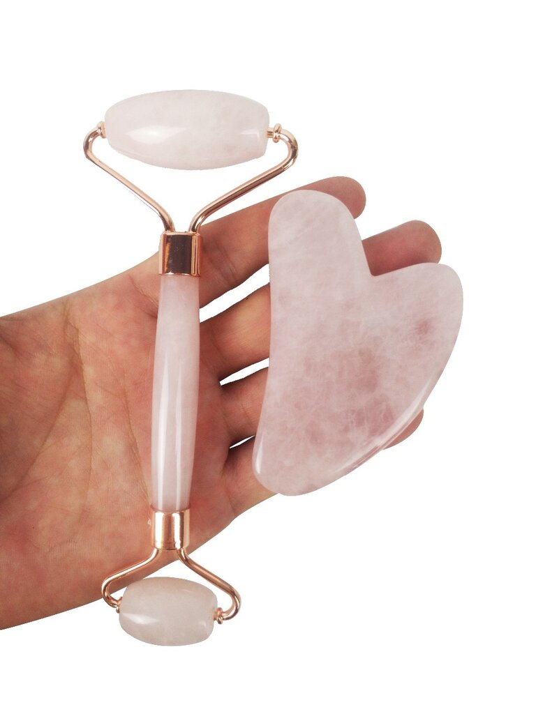 Jade volelis (Jade Roller) su gua sha pagamintas iš rožinio kvarco kaina ir informacija | Veido masažuokliai, valymo įrankiai | pigu.lt
