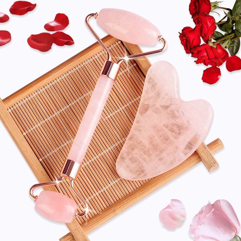 Jade volelis (Jade Roller) su gua sha pagamintas iš rožinio kvarco kaina ir informacija | Veido masažuokliai, valymo įrankiai | pigu.lt