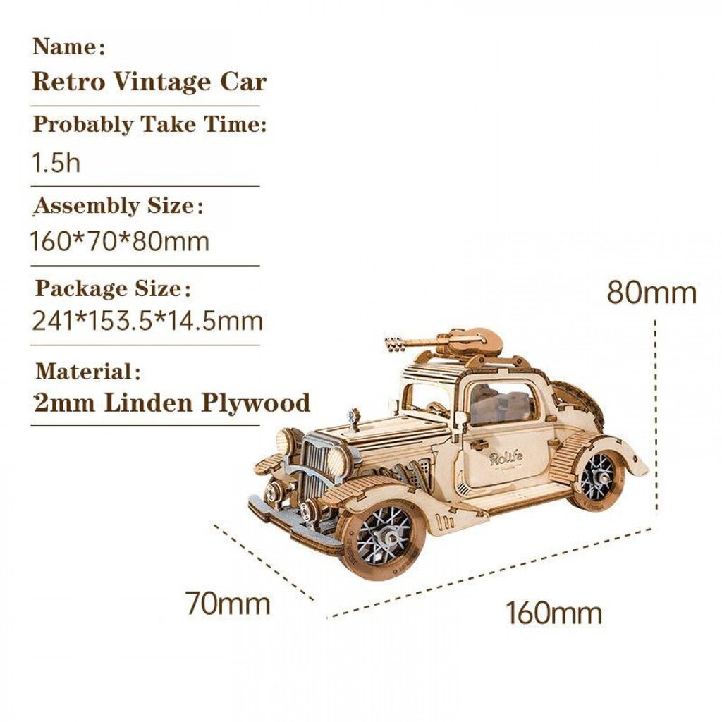 Konstruktorius Robotime Vintage Car, 3D dėlionė kaina ir informacija | Konstruktoriai ir kaladėlės | pigu.lt