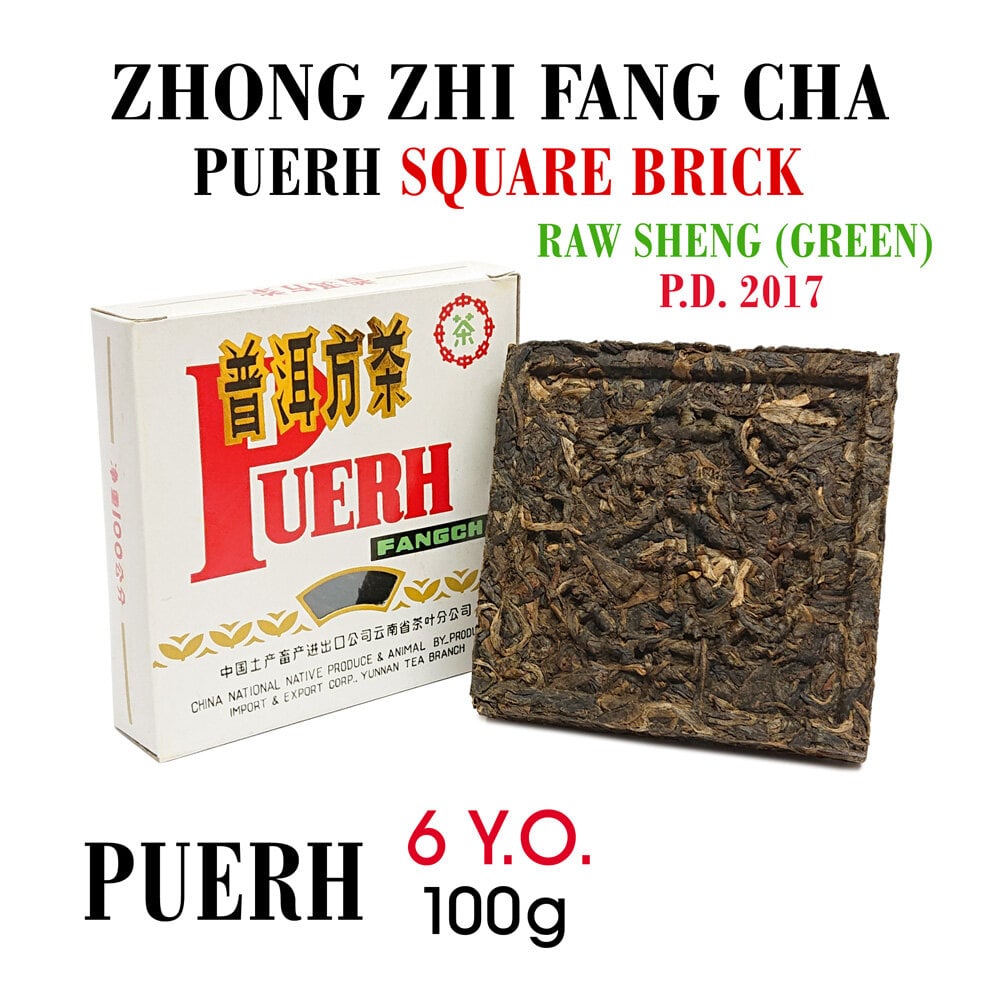 ZHONG ZHI FANG CHA (Green) Puerh (Raw, Sheng) Brick 6.Y.O., 2017 - Žalioji Pu-erh arbata Kvadratinė plyta, 100 g kaina ir informacija | Arbata | pigu.lt