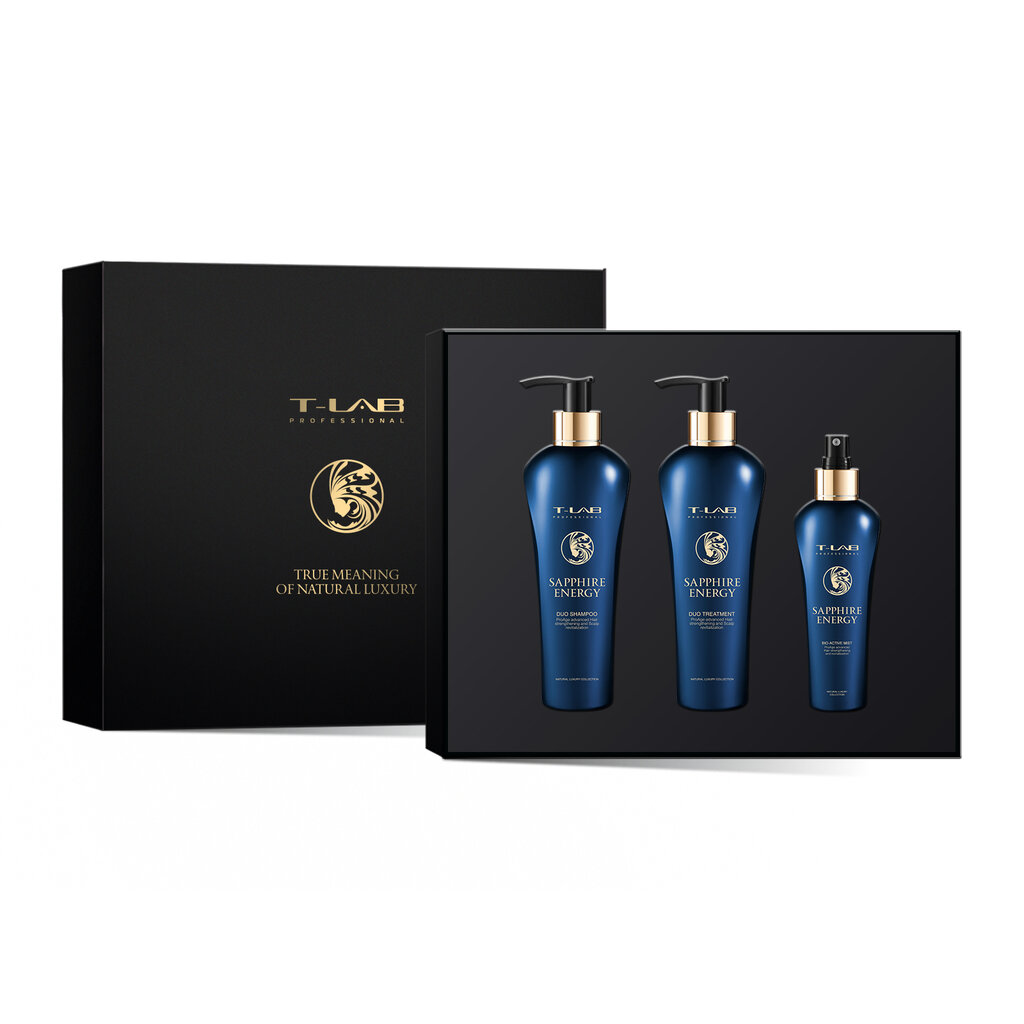 Rinkinys plaukų priežiūrai T-LAB Professional Sapphire Energy: šampūnas 300ml + kondicionierius - kaukė 300ml + dulksna 150ml kaina ir informacija | Priemonės plaukų stiprinimui | pigu.lt