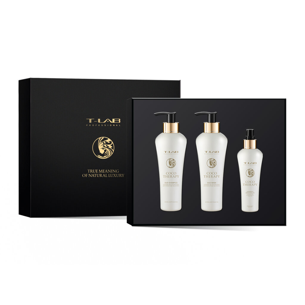 Rinkinys plaukų priežiūrai T-LAB Professional Coco Therapy: šampūnas, 300 ml + kaukė, 300 ml + serumas, 150 ml цена и информация | Priemonės plaukų stiprinimui | pigu.lt