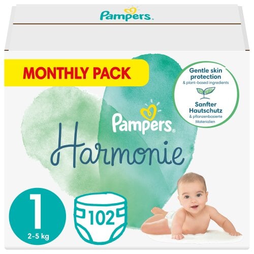 Sauskelnės Pampers Harmonie, 1 dydis, 2-5 kg, 102 vnt. kaina ir informacija | Sauskelnės | pigu.lt