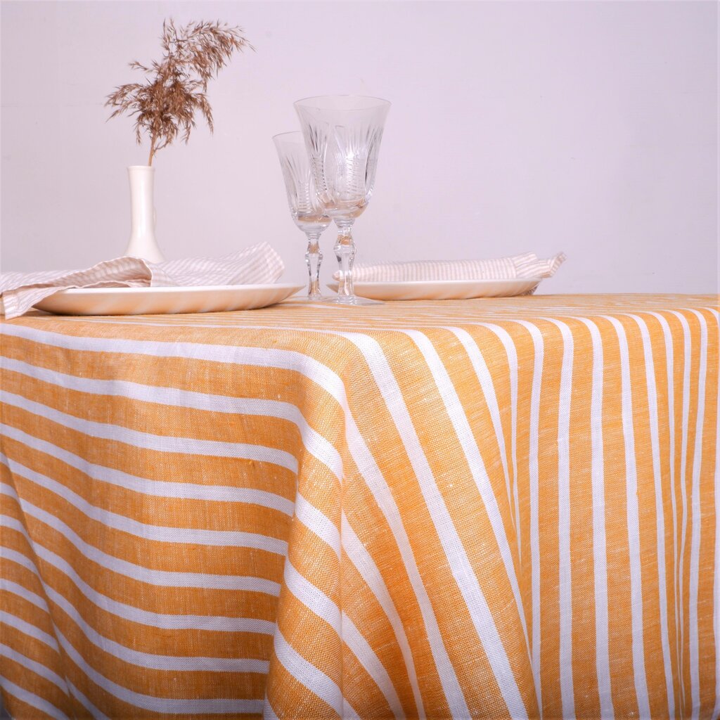 Lininė staltiesė, oranžinėmis juostomis, 148x200 cm. kaina ir informacija | Staltiesės, servetėlės | pigu.lt