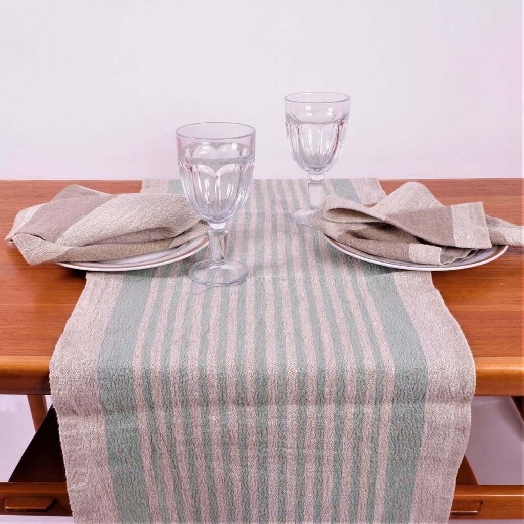Lininis stalo takelis su mėtinės spalvos juostomis, 40x150 cm. kaina ir informacija | Staltiesės, servetėlės | pigu.lt