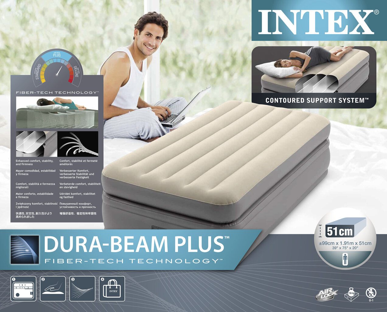 Pripučiamas čiužinys Intex Dura-Beam Prime Comfort Elevated Twin 191x99x51 cm, su integruota pompa kaina ir informacija | Pripučiami čiužiniai ir baldai | pigu.lt