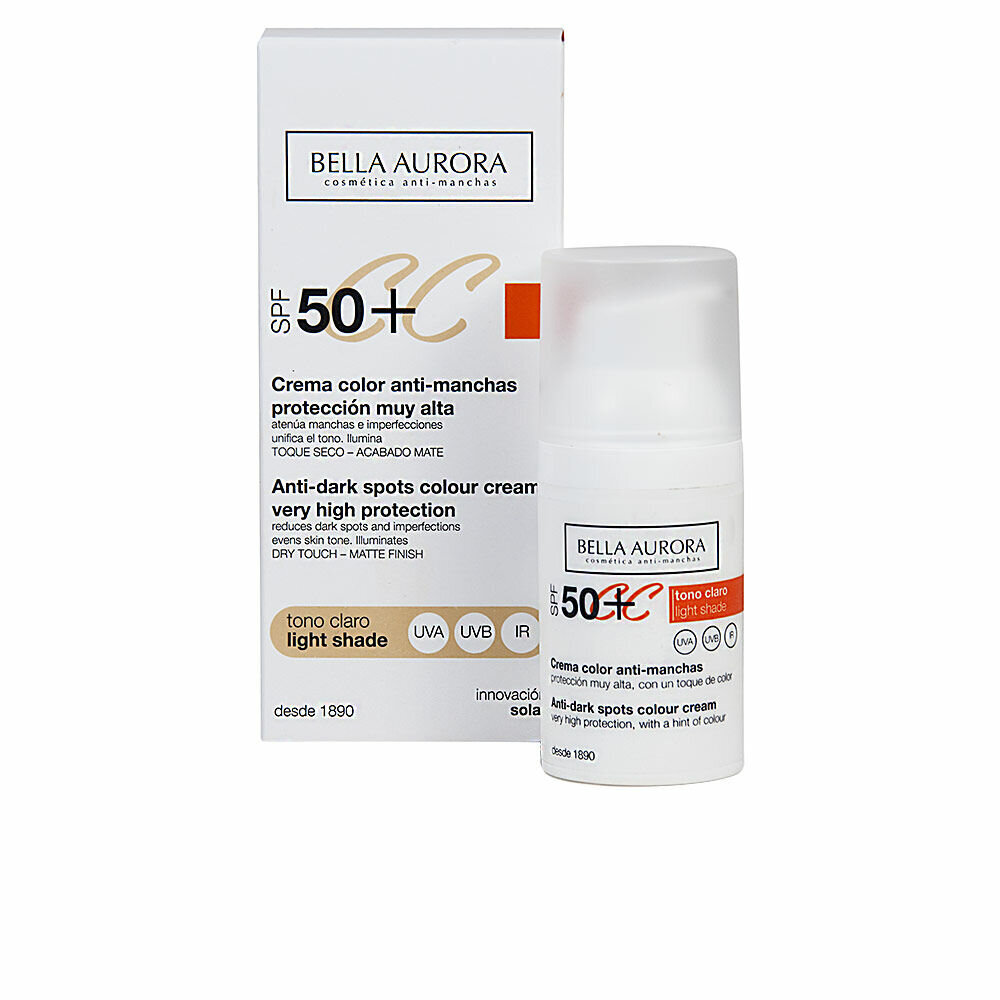 Kremas nuo pigmentinių dėmių bella aurora cc cream spf 50+ lengvas tonas, 30 ml kaina ir informacija | Veido kremai | pigu.lt