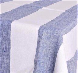 Balta lininė staltiesė, mėlynomis juostomis, 140x320 cm. цена и информация | Скатерти, салфетки | pigu.lt