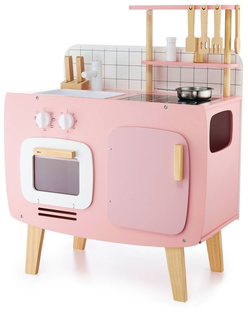Medinė retro virtuvė su prijuoste ir priedais, rožinė kaina ir informacija | Žaislai mergaitėms | pigu.lt