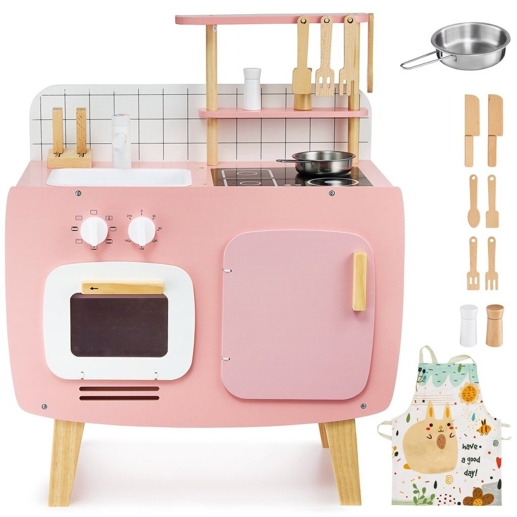 Medinė retro virtuvė su prijuoste ir priedais, rožinė kaina ir informacija | Žaislai mergaitėms | pigu.lt