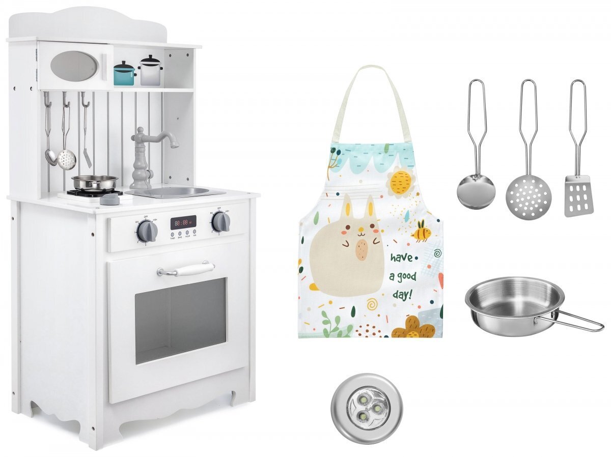 Balta medinė virtuvė su prijuoste, priedais ir LED lempa цена и информация | Žaislai mergaitėms | pigu.lt