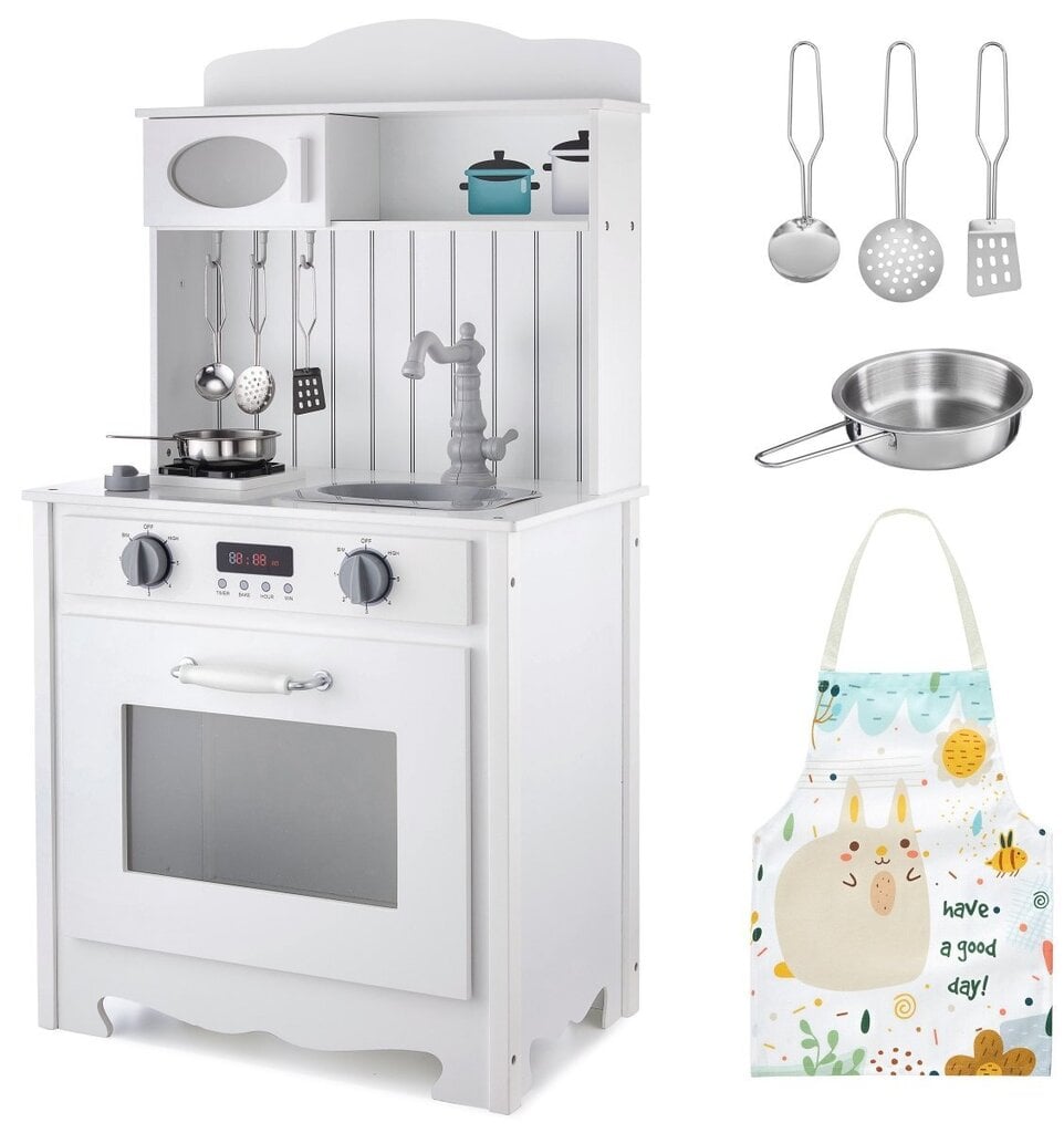 Balta medinė virtuvė su prijuoste, priedais ir LED lempa kaina ir informacija | Žaislai mergaitėms | pigu.lt
