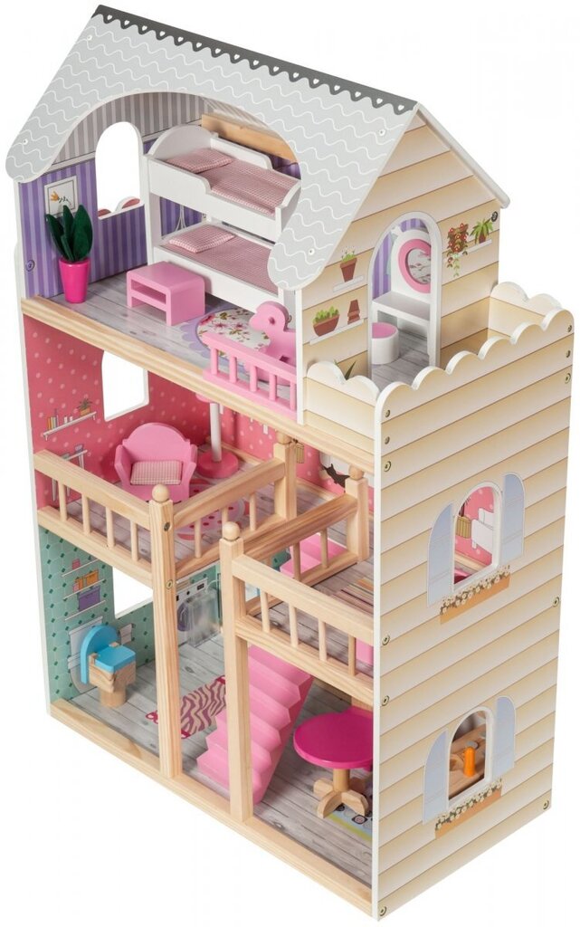 Didelis medinis 3 aukštų lėlių namelis su terasa, baldų komplektu ir LED apšvietimu цена и информация | Žaislai mergaitėms | pigu.lt
