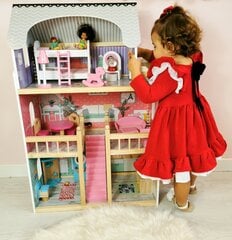 Большой деревянный 3-этажный кукольный домик с террасой, набором мебели и светодиодным освещением! цена и информация | Игрушки для девочек | pigu.lt