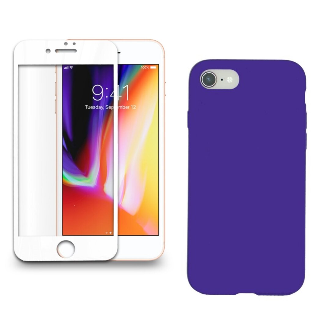 360 protection Set -telefono dėklas silikoninis - violetinė (orchid) + grūdinto stiklo ekrano apsauga, skirtas iPhone 7/8 baltas kaina ir informacija | Apsauginės plėvelės telefonams | pigu.lt