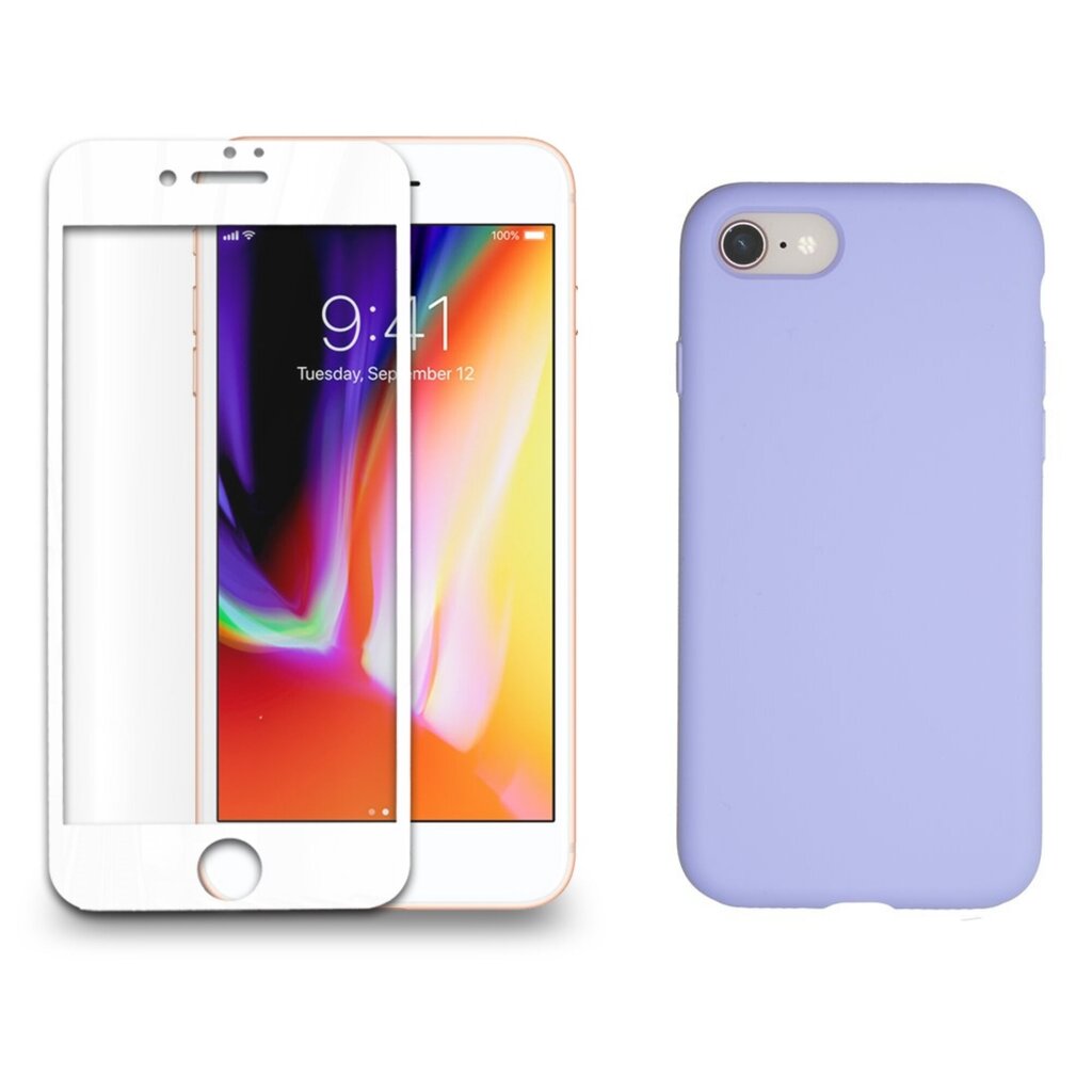 360 protection Set -telefono dėklas silikoninis - violetinė (lavanda) + grūdinto stiklo ekrano apsauga, skirtas iPhone 7/8 baltas kaina ir informacija | Apsauginės plėvelės telefonams | pigu.lt