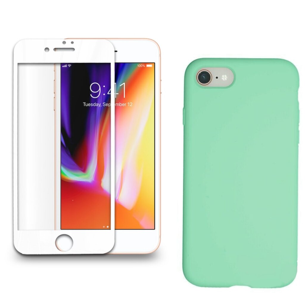 360 protection Set -telefono dėklas silikoninis - žalia (emerald) + grūdinto stiklo ekrano apsauga, skirtas iPhone 7/8 baltas kaina ir informacija | Apsauginės plėvelės telefonams | pigu.lt
