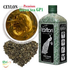 Premium Ceilono žalia, biri, didelių lapų arbata GP1 NOBLE PEACOCK elegantiškame metaliniame butelyje, Premium Ceylon Green Tea GP1, Tarlton, 150 g kaina ir informacija | Arbata | pigu.lt