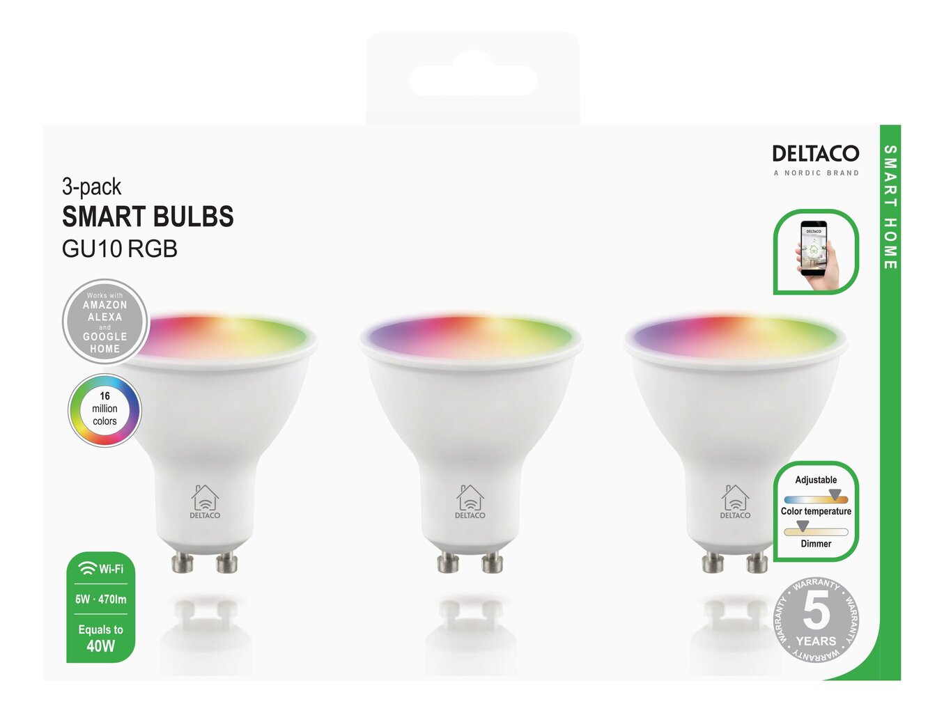 LED išmanioji lemputė Deltaco Smart Home GU10, 5W, 470lm, 220-240V, RGB / SH-LGU10RGB-3P kaina ir informacija | Elektros lemputės | pigu.lt