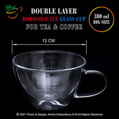 Кружка из двойного стекла для чая и кофе (большая), Double Layer Borosilicate glass cup, 380 мл цена и информация | Стаканы, фужеры, кувшины | pigu.lt