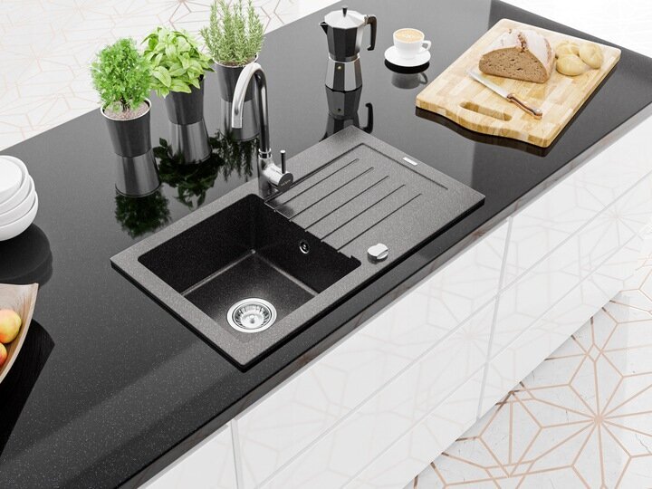 Granitinė virtuvinė plautuvė Mexen Pablo su maišytuvu ir sifonu, Black granite+Chrome kaina ir informacija | Virtuvinės plautuvės | pigu.lt