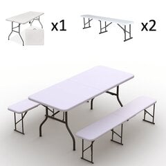 Sulankstomų baldų komplektas Stalas 180 baltas, 2 suolai balti kaina ir informacija | Lauko baldų komplektai | pigu.lt