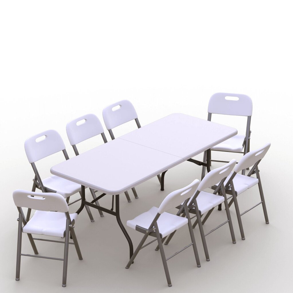 Sulankstomų baldų komplektas: Stalas 180 baltas, 8 kėdės Premium baltos kaina ir informacija | Lauko baldų komplektai | pigu.lt