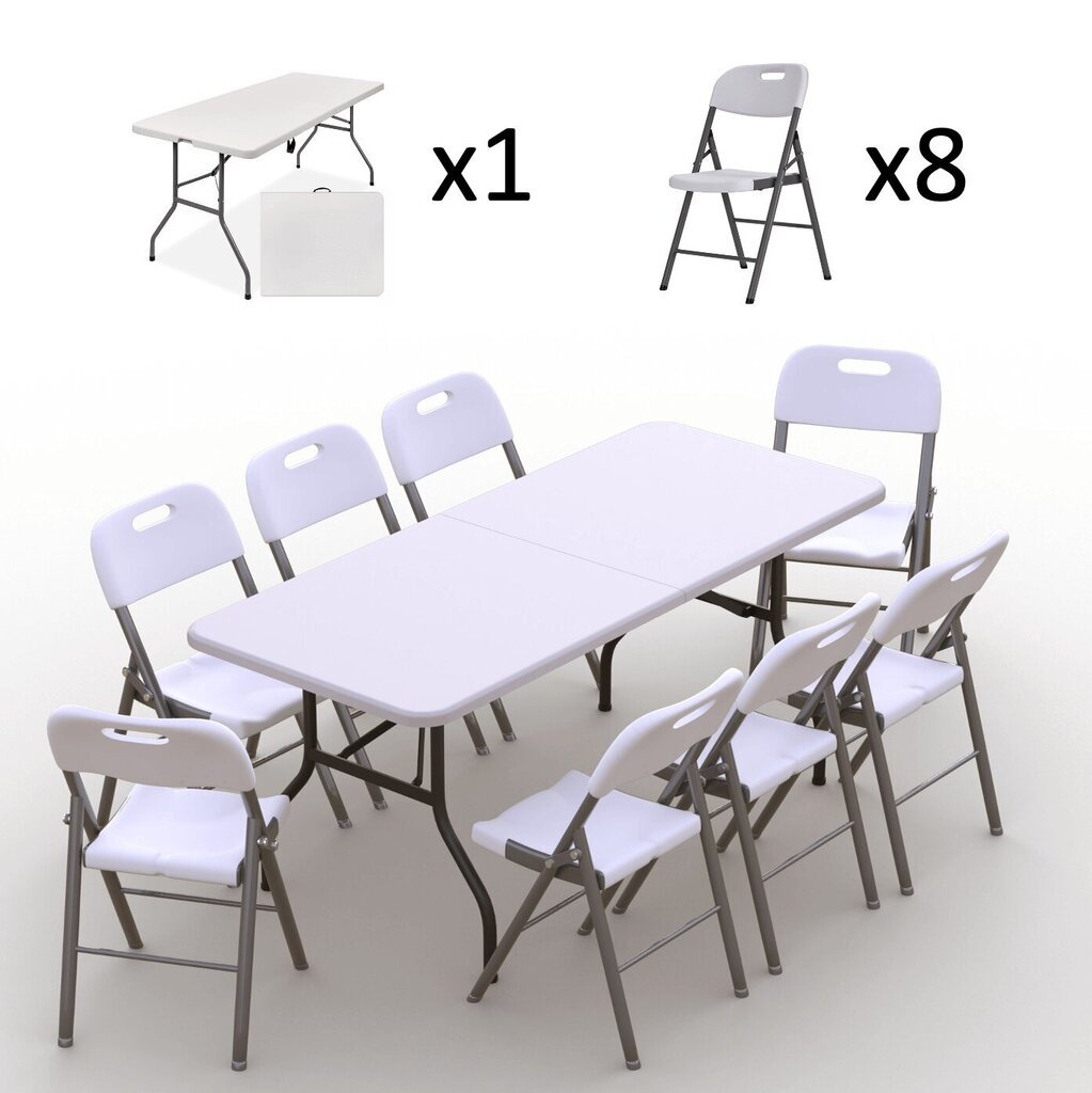 Sulankstomų baldų komplektas: Stalas 180 baltas, 8 kėdės Premium baltos цена и информация | Lauko baldų komplektai | pigu.lt