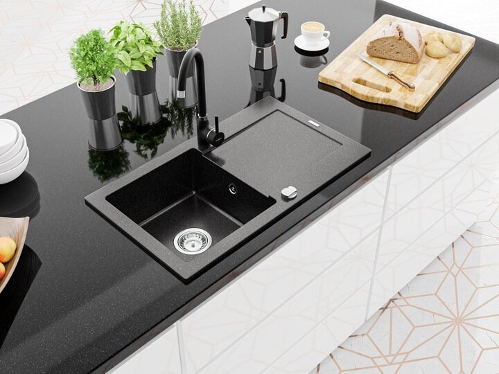 Granitinė virtuvinė plautuvė Mexen Aron su maišytuvu ir sifonu, Metallic black/silver+Black kaina ir informacija | Virtuvinės plautuvės | pigu.lt