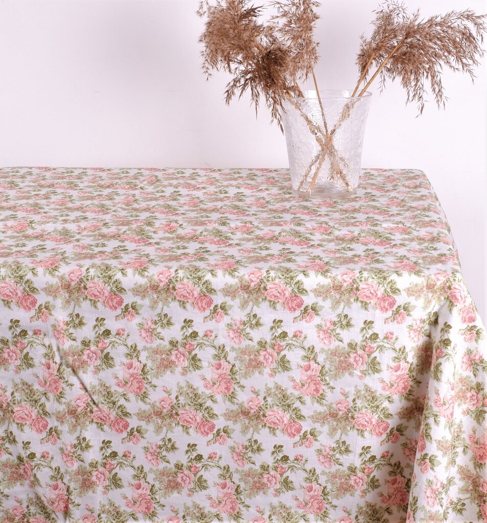 Balta gėlėta lininė staltiesė, 174x200 cm kaina ir informacija | Staltiesės, servetėlės | pigu.lt