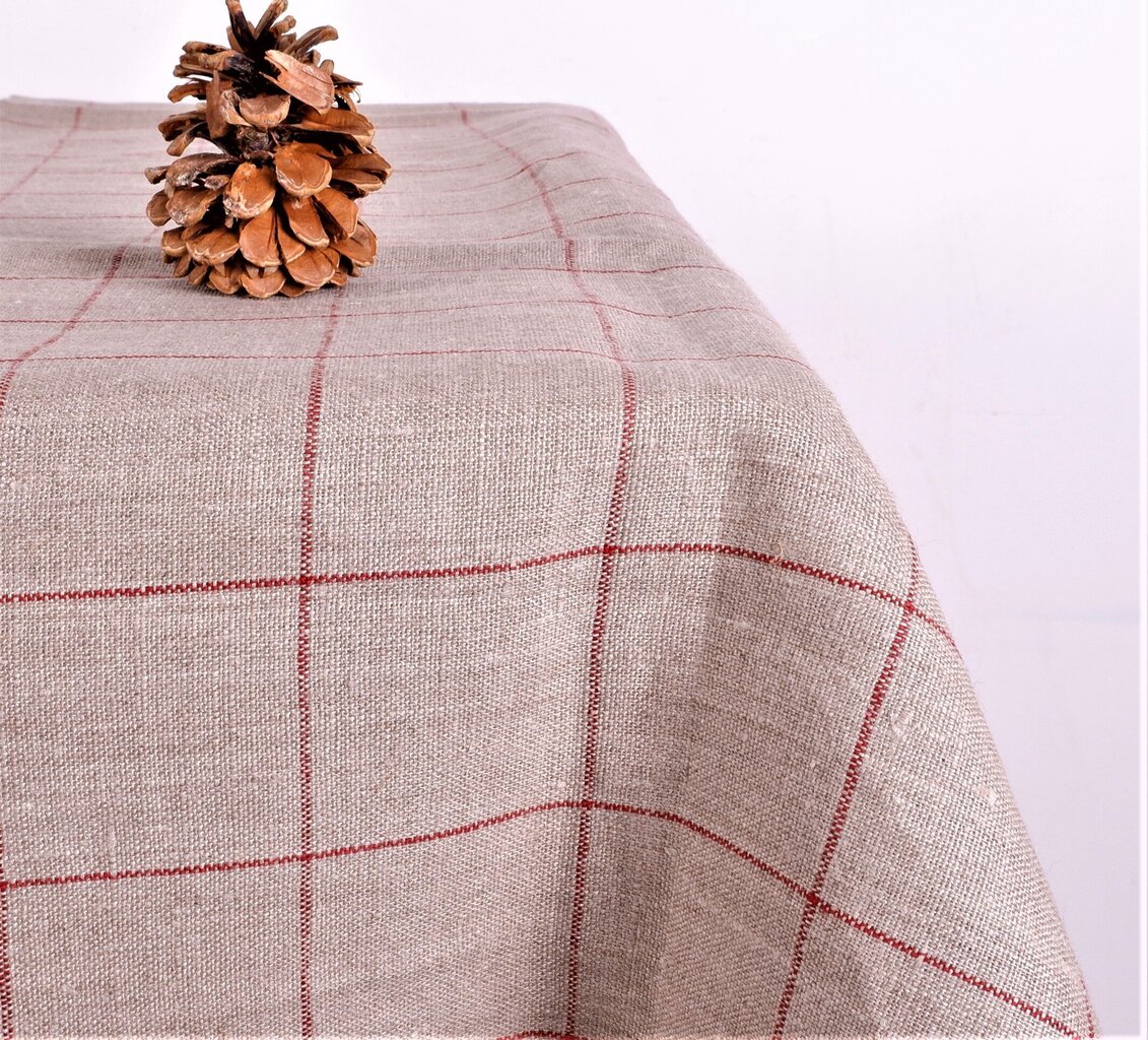 Ruda lininė staltiesė, raudonais langeliais, 144x250 cm. kaina ir informacija | Staltiesės, servetėlės | pigu.lt
